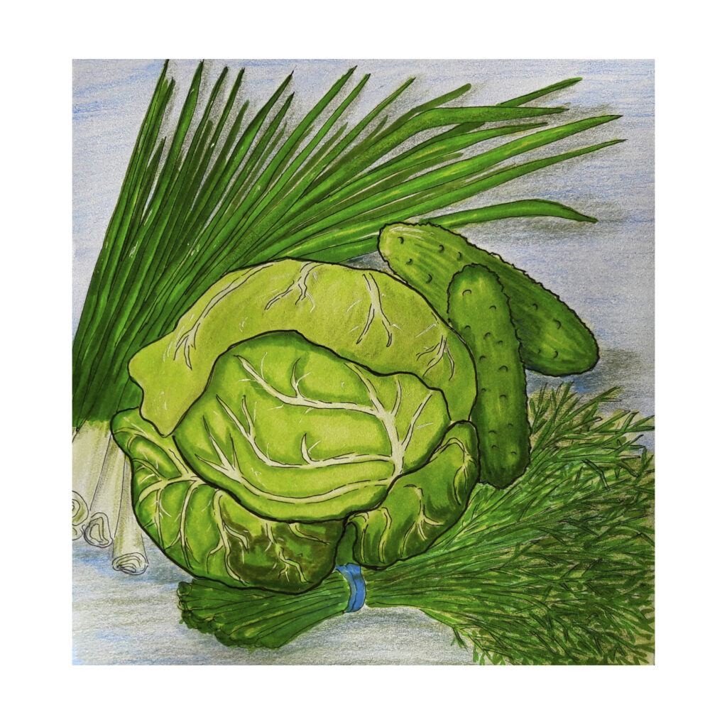 green poster cucumber onion cabbage white fields